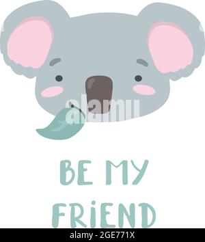Vektor-Illustration von niedlichen Cartoon Baby Koala kaut ein grünes Blatt. Grußkarte Zum Valentinstag. Lettering Love You und pinke Herzen über einem Bären. Zeichnung für T-Shirts. Poster für Kinder und Baby Stock Vektor