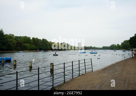 Tretboote auf der Serpentine in London Hyde PK, London, England, U.K Stockfoto