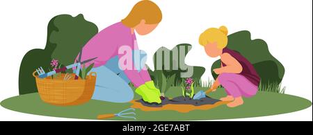 Gartenarbeit flache Zusammensetzung mit Frau und Mädchen Pflanzen Frühling Blumen Vektor Illustration Stock Vektor