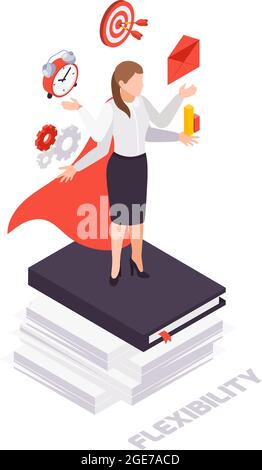 Soft Skills isometrisches Konzept-Symbol mit weiblicher Business-Charakter-Vektor-Illustration Stock Vektor