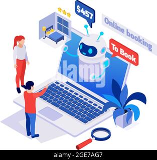 Isometrisches Symbol mit Leuten, die mit Chatbot auf der 3D-Vektordarstellung der Buchungswebsite sprechen Stock Vektor