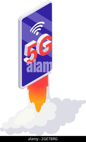 Hochgeschwindigkeits-5g-Internet-Konzept mit Smartphone startet wie Rakete 3d-Vektor-Illustration Stock Vektor