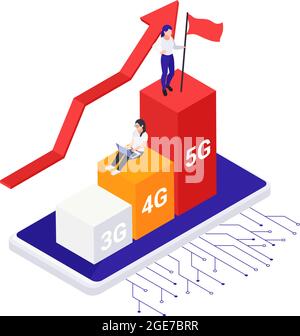 Isometrisches Hochgeschwindigkeits-5g-Internet-Technologie-Konzept mit farbenfroher 3d-Elemente-Vektordarstellung Stock Vektor