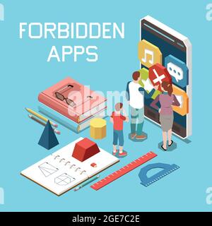 Online-Inhalte verboten Websites elterliche Kontrolle isometrische Zusammensetzung mit Teenager Smartphone-Bildschirm Apps Verbot Symbol Vektor Illustration Stock Vektor