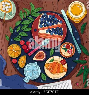 Färbende Lebensmittel Hintergrund mit Draufsicht auf Holztisch mit Serviette und Frühstück serviert Gerichte auf Geschirr Vektor-Illustration ausgelegt Stock Vektor