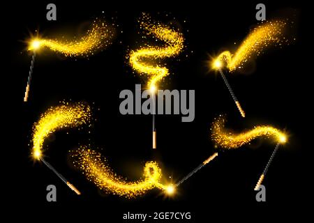 Zauberstäbe mit goldenen Blendung und funkeln realistisch auf schwarzem Hintergrund abstrakte Vektor-Illustration gesetzt Stock Vektor