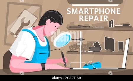 Smartphone Reparatur flache Zusammensetzung mit Werkstatt und Master arbeitet mit einem Lötkolben Vektor Illustration Stock Vektor