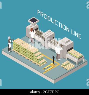 Olive Produktion isometrische Zusammensetzung mit Manufaktur Linie und Zeichen der menschlichen Betreiber fertigen Produkte mit Text Vektor Illustration Stock Vektor