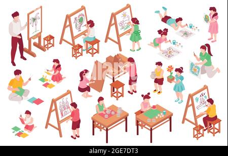 Kinder Kunstschule Set mit Farbe und Pinsel isometrische isolierte Vektor-Illustration Stock Vektor