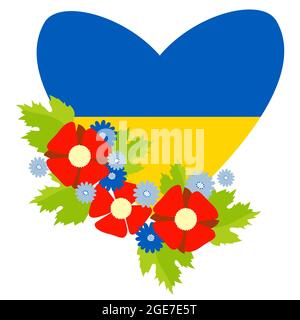 Ukrainisches Symbol. Ein großes gelb-blaues Herz in einem Blumenstrauß aus roten Mohnblumen und blauen Kornblumen. Farben der ukrainischen Flagge. Vektorgrafik Stock Vektor