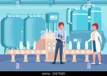 Milchfabrik flache Zusammensetzung mit Indoor-Landschaft mit Lagerdosen Förderlinie mit Flaschen und Menschen Vektorgrafik Stock Vektor