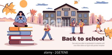 Zurück zur Schule flaches horizontales Banner mit Herbstblättern Bücher Pfahlbau Eingang scholieren sprechende Lesebillustration Stock Vektor