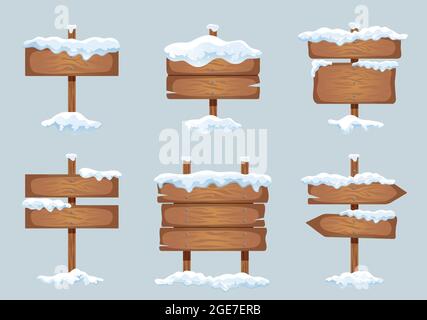 Hölzerne Schilder Richtung Schild Board Zeiger mit Schnee Eis Kappen realistische Winter Bilder set Vektor-Illustration Stock Vektor