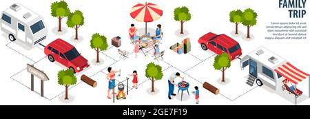 Isometrische Familienausflug Infografiken mit Flussdiagramm von Baum-Icons Autos mit Camper Vans Menschen und Text-Vektor-Illustration Stock Vektor