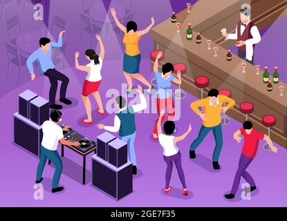 Isometrische dj-Komposition mit Blick auf Bar mit Zähler und tanzende Menschen mit spielen Disk Jockey Vektor-Illustration Stock Vektor