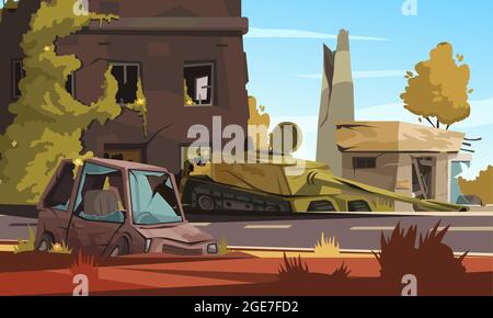 City Destroy in Kriegsgebiet mit beschädigten Gebäude verbrannt Auto und Militär-Tank auf Straße Cartoon Vektorgrafik Stock Vektor