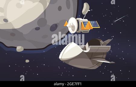 Universum Exploration Cartoon Hintergrund mit Raumschiff und Satellit fliegen in der Umlaufbahn um vermessenen Planeten Vektor-Illustration Stock Vektor