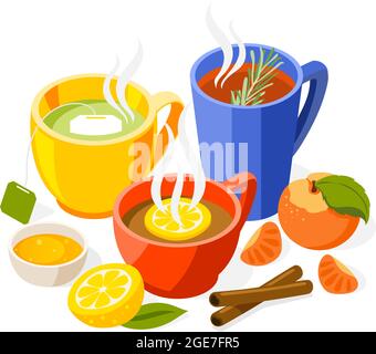Stärkung der Immunität isometrische Zusammensetzung Tee mit Gewürzen Zitrusfrüchte und grüner Tee Vektor Illustration Stock Vektor