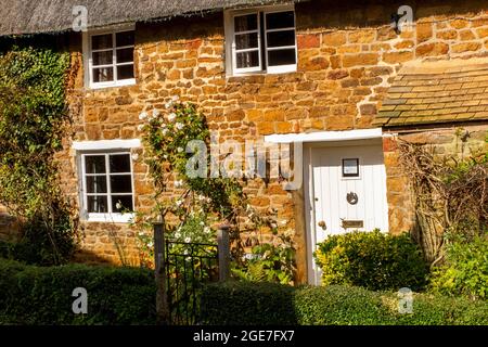 Großbritannien, England, Oxfordshire, Shenington, Kenhill Road, Weiß gestrichene Tür mit Charakter Cotswolds Stein Reetgedeckten Hütte Stockfoto