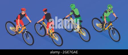 Sport Radfahren isometrische Set mit isolierten Bildern verschiedenen Winkel Ansichten von Fahrradfahrern tragen Schutzausrüstung Vektor-Illustration Stock Vektor