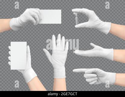 Hände in Handschuhen realistisches Set mit isolierten Bildern von menschlichen Händen in medizinischen Handschuhen mit Gesten Vektordarstellung Stock Vektor