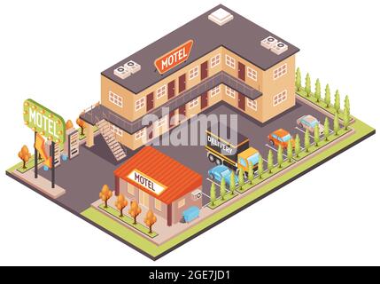 Motel Farbkonzept mit Parkplatz für Autos und Einrichtungen isometrische Vektor-Illustration Stock Vektor