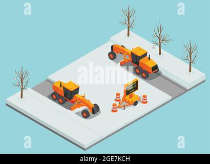 Schneereinigungsmaschinen isometrische Zusammensetzung mit Blick auf Clearing-Fahrzeuge auf der Straße mit Verkehrskegel Vektor-Illustration Stock Vektor