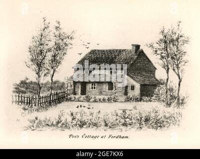 Vintage-Illustration von Edgar Allan Poes Hütte in Fordham, New York, 19. Jahrhundert Stockfoto