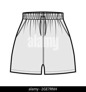 Sport-Trainingsshorts Activewear technische Mode-Illustration mit elastischer normaler Taille, hoher Bund, Kordelzug, entspannter Passform, Mikrolänge. Schablone mit flachem Boden vorne, grau. CAD-Modell für Frauen Stock Vektor