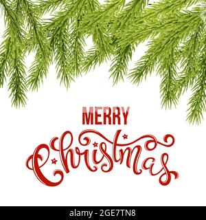 Fröhliche Weihnachtskarte mit handgezeichneten Schriftzügen, mit Schnee und Kiefer, Vektorgrafik. Stock Vektor