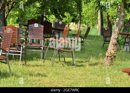 Zywiec. Bänke zwischen Bäumen und Gräsern mit dem Żywiec-Schild. Sommer. Stockfoto