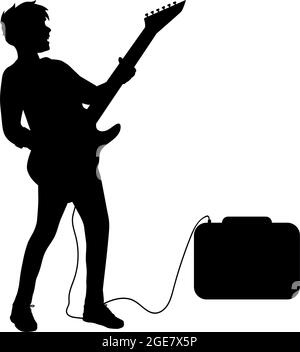 Silhouette junger Gitarrist spielt auf der E-Gitarre. Symbol für die Abbildung Stock Vektor