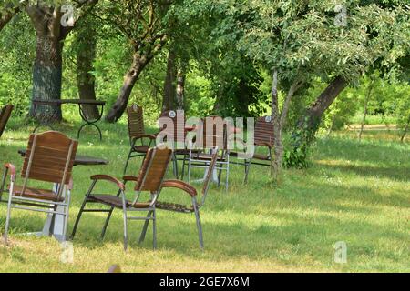 Zywiec. Bänke zwischen Bäumen und Gräsern mit dem Żywiec-Schild. Sommer. Stockfoto