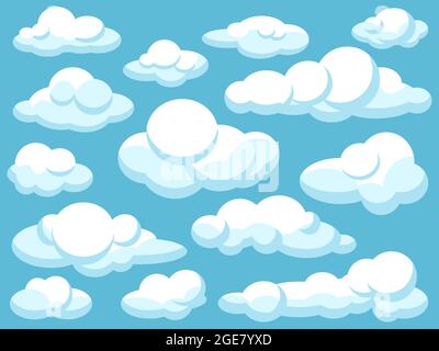 Weiße Wolken Sammlung auf blauem Hintergrund. Bannersymbole Gesetzt. Vektorgrafik. Designelemente in flacher Optik Stock Vektor