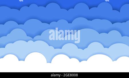 Himmel und Wolken. Blauer Abstrakter Hintergrund. Flaches Design für Cartoon Poster, Flyer, Postkarten, Webbanner. Wolkenlandschaft im Hintergrund. Vektorgrafik. Stock Vektor