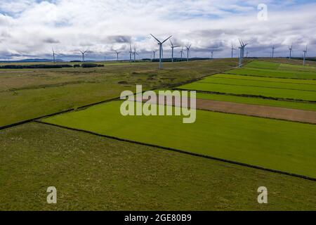 Windturbinen-Kraftwerk im schottischen Hochland. Alternative grüne saubere erneuerbare nachhaltige Energie, Ökologie. Stockfoto
