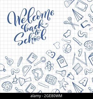 Design-Vorlage für Schule Thema. Realistisches Papier mit handgezeichneten Schriftzügen Willkommen zurück in der Schule. Vektorgrafik. Stock Vektor