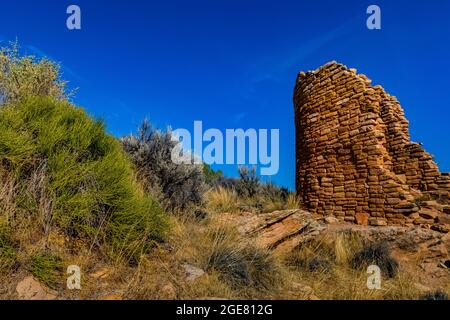 Das elegante Steinmauerwerk der Strukturen von Cutthroat Castle im Hovenweep National Monument, Colorado, USA Stockfoto