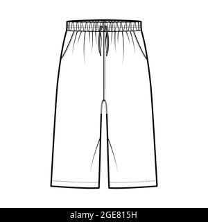 Bermuda Pocket Short technische Mode-Illustration mit elastischer Taille, Bund, Tunnelzug, entspannter Passform, knielang. Flatbottom Bekleidungsvorlage vorne, weiß. Frauen Männer Unisex CAD Mockup Stock Vektor