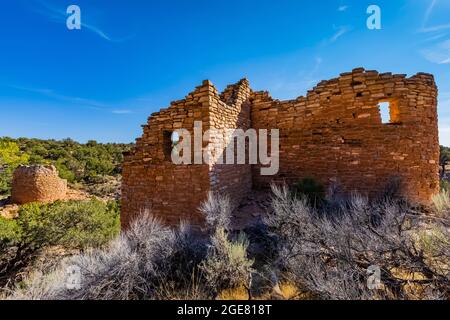 Das elegante Steinmauerwerk der Strukturen von Cutthroat Castle im Hovenweep National Monument, Colorado, USA Stockfoto