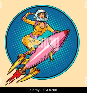 Pinup-Astronautin, die auf einer Rakete fliegt, eine Frau im All. Science-Fiction Stock Vektor