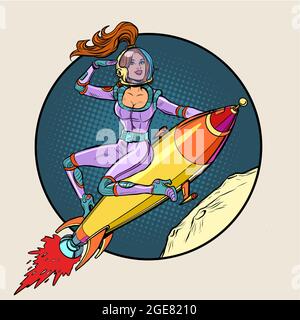 Pinup-Astronautin, die auf einer Rakete fliegt, eine Frau im All. Science-Fiction Stock Vektor