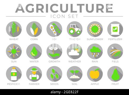 Grau und Farbe Landwirtschaft Runde Ikone Set von Weizen, Mais, Soja, Traktor, Sonnenblume, Dünger, Sonne, Wasser, Wachstum, Wetter, Regen, Felder, Pestizide, F Stock Vektor