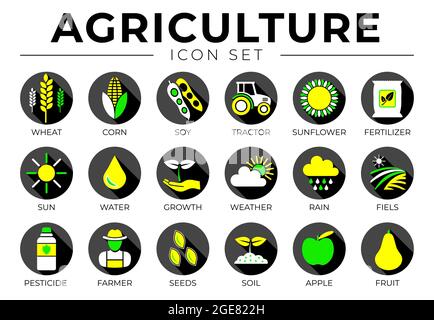 Schwarzes Landwirtschaftsset mit rundem Symbol aus Weizen, Mais, Soja, Traktor, Sonnenblume, Dünger, Sonne, Wasser, Wachstum, Wetter, Regen, Felder, Pestizide, Landwirt, Se Stock Vektor