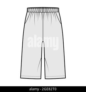 Bermuda Pocket Short technische Mode-Illustration mit elastischer Taille, Bund, lockerer Passform, knielang. Flatbottom-Bekleidungsvorlage vorne, grau im Stil. Frauen Männer Unisex CAD Mockup Stock Vektor