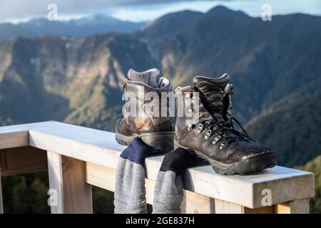 Wanderschuhe und Socken, die am Zaun trocknen, Paparoa Track, (einer der tollen Wanderungen Neuseelands) Paparoa National Park, Westküste, Südinsel, Neuseeland Stockfoto