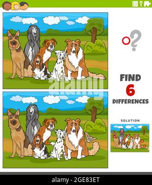 Cartoon Illustration der Suche nach den Unterschieden zwischen Bildern pädagogische Spiel für Kinder mit reinrassigen Hunden Comic Tier Charaktere Gruppe Stock Vektor