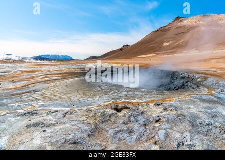 Dampfender Schlammtopf in einem geothermischen Gebiet an einem sonnigen Sommertag Stockfoto