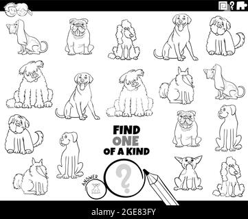 Schwarz-Weiß-Cartoon-Illustration der finden eines von einer Art Bild pädagogische Aufgabe mit reinrassigen Hunden Comic Tierfiguren Färbung Buchseite Stock Vektor