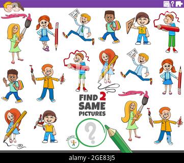 Cartoon Illustration der Suche nach zwei gleichen Bildern pädagogische Spiel mit Comic-Schüler Schulkinder Charaktere Stock Vektor